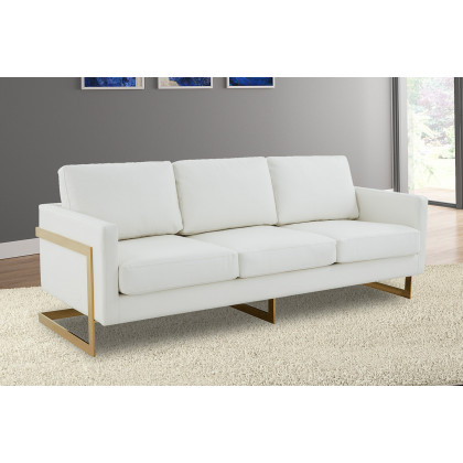 LeisureMod Lincoln Leather Sofa with Gold Frame - White