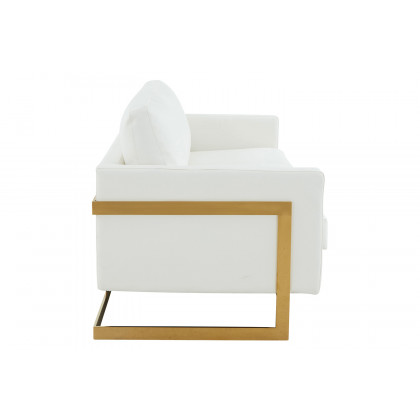 LeisureMod Lincoln Leather Sofa with Gold Frame - White