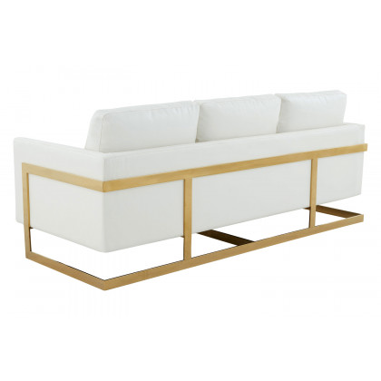 LeisureMod Lincoln Leather Sofa with Gold Frame - White