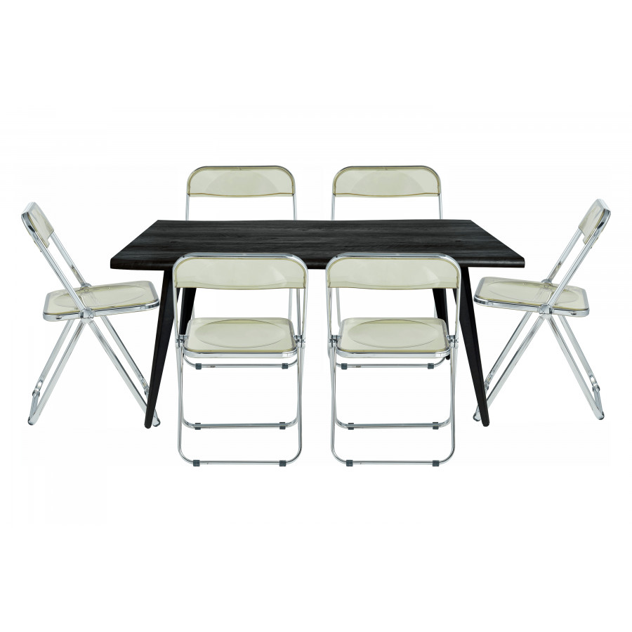 LeisureMod Lawrence 7-Piece Dining Set with Folding Acrylic Dining Chairs and Rectangular Wood Dining Table - Amber