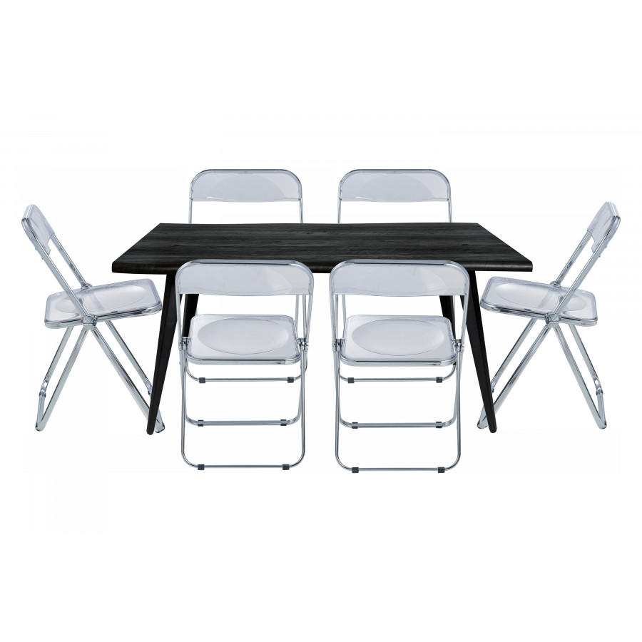 LeisureMod Lawrence 7-Piece Dining Set with Folding Acrylic Dining Chairs and Rectangular Wood Dining Table - Clear