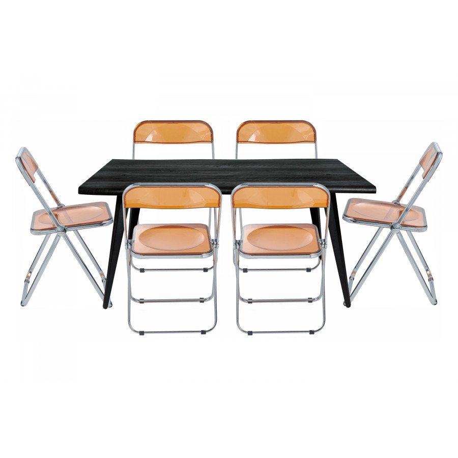 LeisureMod Lawrence 7-Piece Dining Set with Folding Acrylic Dining Chairs and Rectangular Wood Dining Table - Tangerine
