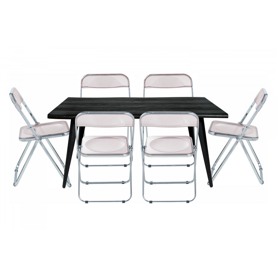 LeisureMod Lawrence 7-Piece Dining Set with Folding Acrylic Dining Chairs and Rectangular Wood Dining Table - Rose Pink