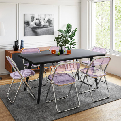 LeisureMod - Lawrence 7-Piece Dining Set with Folding Acrylic Dining Chairs and Rectangular Wood Dining Table
