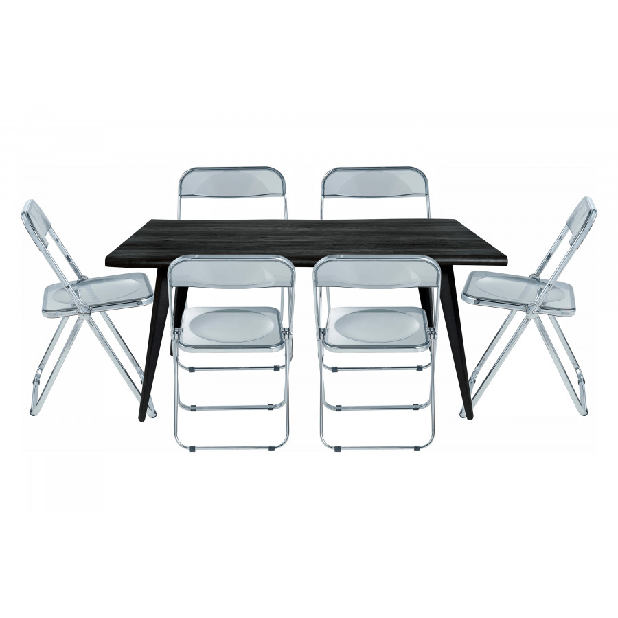 LeisureMod Lawrence 7-Piece Dining Set with Folding Acrylic Dining Chairs and Rectangular Wood Dining Table - Transparent Black