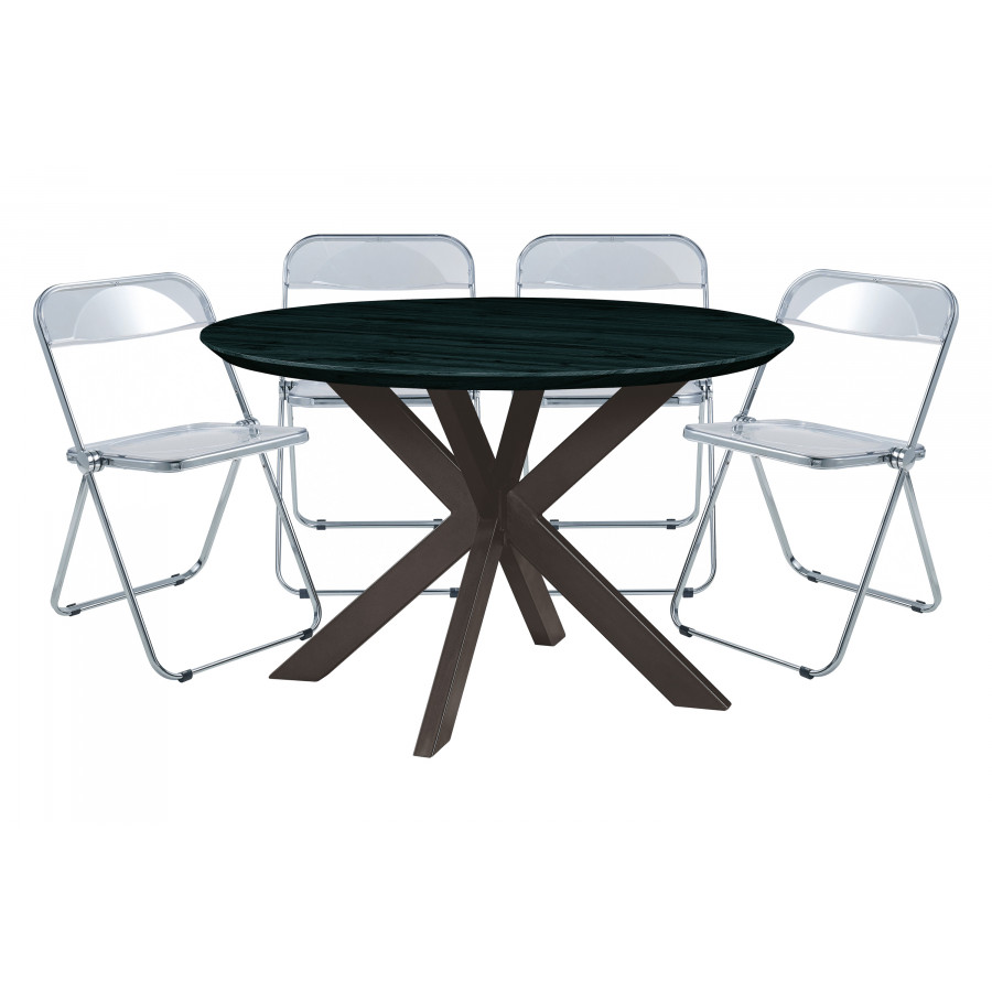 LeisureMod Lawrence 5-Piece Dining Set with Folding Acrylic Dining Chairs and Round Dining Table with Geometric Base - Clear