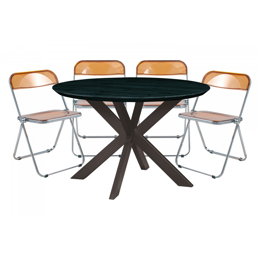 LeisureMod Lawrence 5-Piece Dining Set with Folding Acrylic Dining Chairs and Round Dining Table with Geometric Base - Tangerine