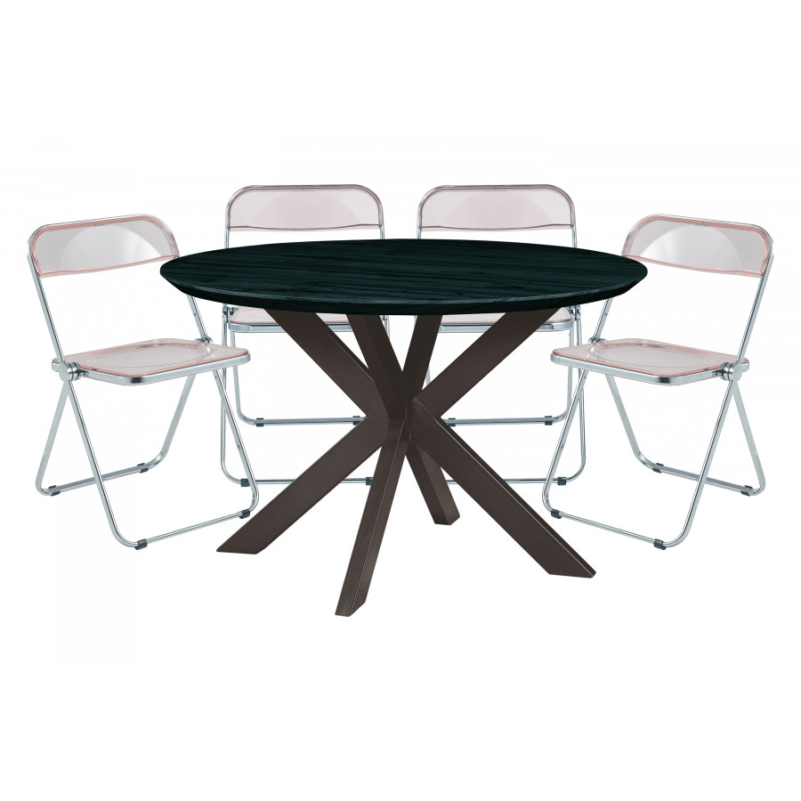 LeisureMod Lawrence 5-Piece Dining Set with Folding Acrylic Dining Chairs and Round Dining Table with Geometric Base - Rose Pink