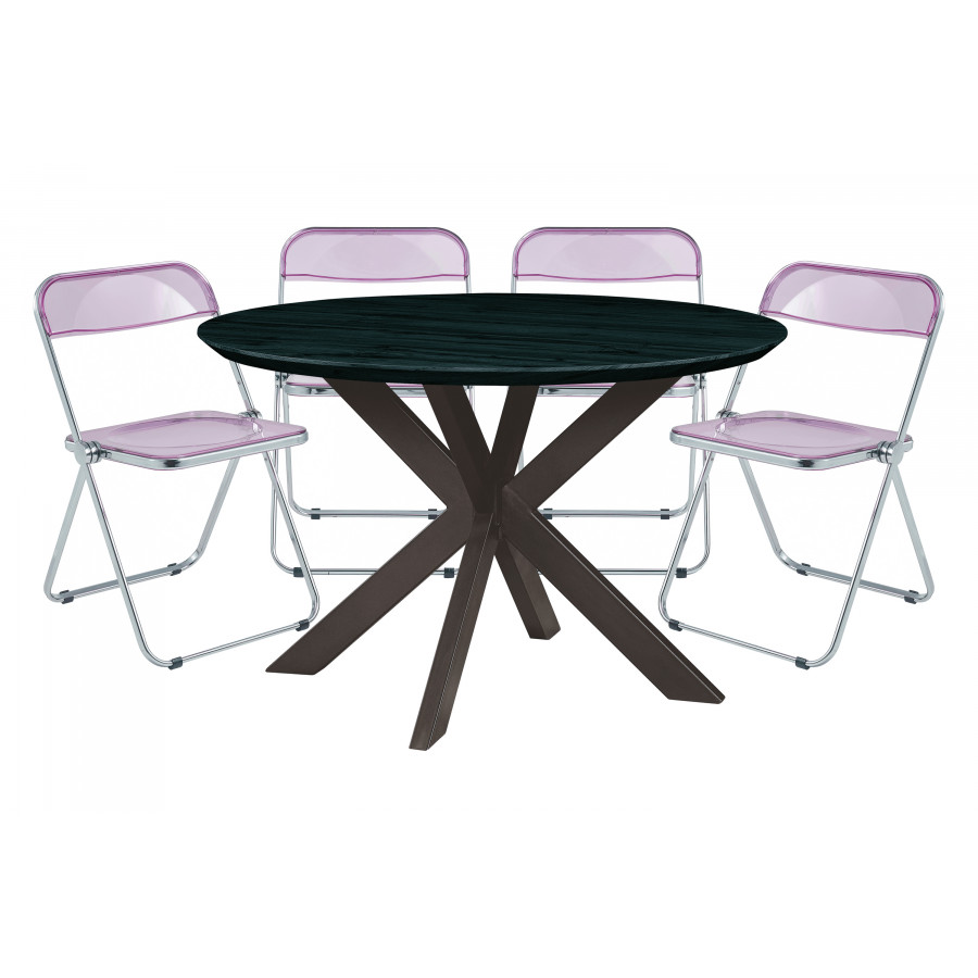 LeisureMod Lawrence 5-Piece Dining Set with Folding Acrylic Dining Chairs and Round Dining Table with Geometric Base - Magenta