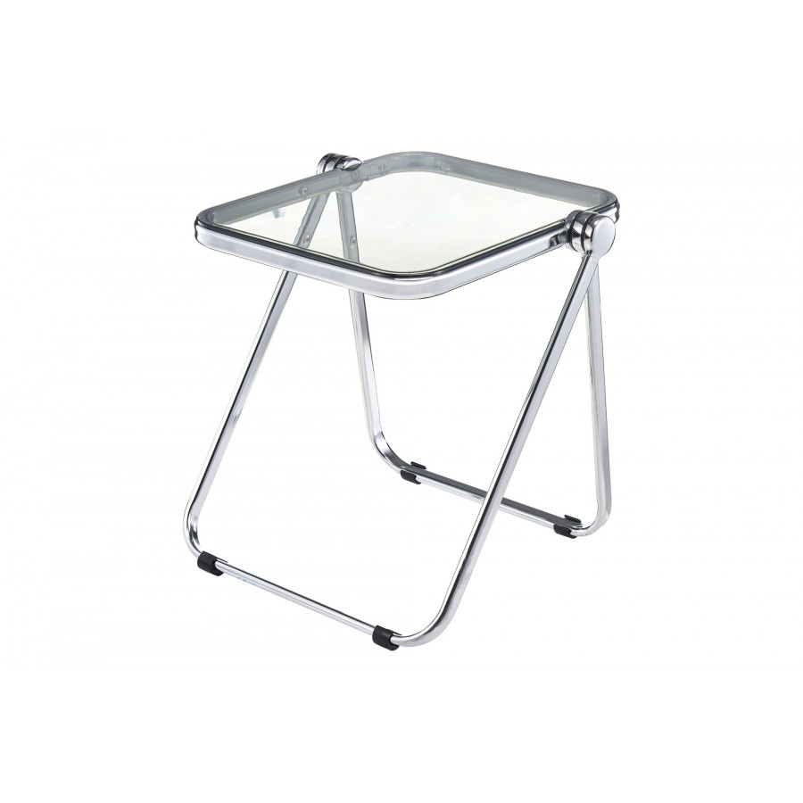 LeisureMod Lawrence Modern Rectangular Folding Side Table in Chrome Finish with Plastic Tabletop and Aluminum Frame - Transparent Black