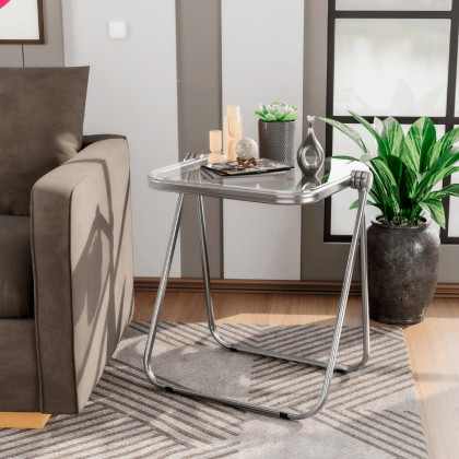 LeisureMod - Lawrence Mid-Century Modern Square Folding End Table with Plastic Top and Iron Frame