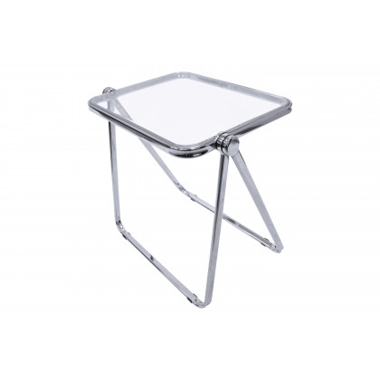 LeisureMod Lawrence Mid-Century Modern Square Folding End Table with Plastic Top and Iron Frame - Clear