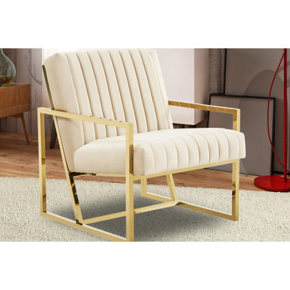 LeisureMod Montgomery Velvet Pinstripe Design Accent Armchair with Gold Frame - Beige