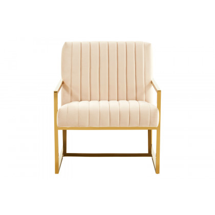 LeisureMod Montgomery Velvet Pinstripe Design Accent Armchair with Gold Frame - Beige