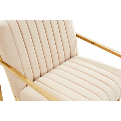 LeisureMod Montgomery Velvet Pinstripe Design Accent Armchair with Gold Frame - Beige