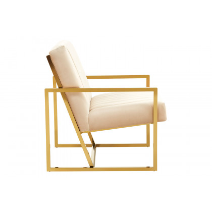 LeisureMod Montgomery Velvet Pinstripe Design Accent Armchair with Gold Frame - Beige