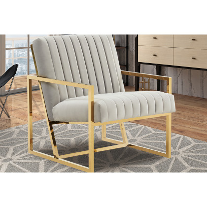 LeisureMod Montgomery Velvet Pinstripe Design Accent Armchair with Gold Frame - Light Gray