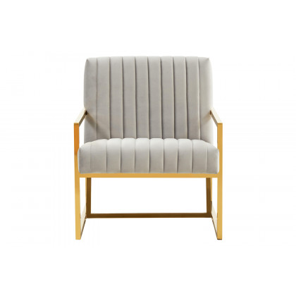 LeisureMod Montgomery Velvet Pinstripe Design Accent Armchair with Gold Frame - Light Gray
