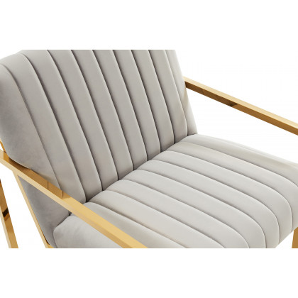 LeisureMod Montgomery Velvet Pinstripe Design Accent Armchair with Gold Frame - Light Gray