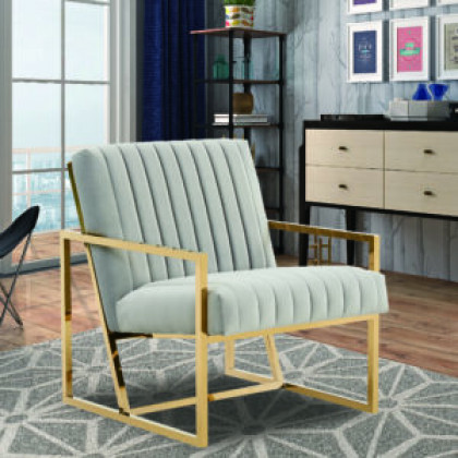 LeisureMod Montgomery Velvet Pinstripe Design Accent Armchair with Gold Frame - Light Gray