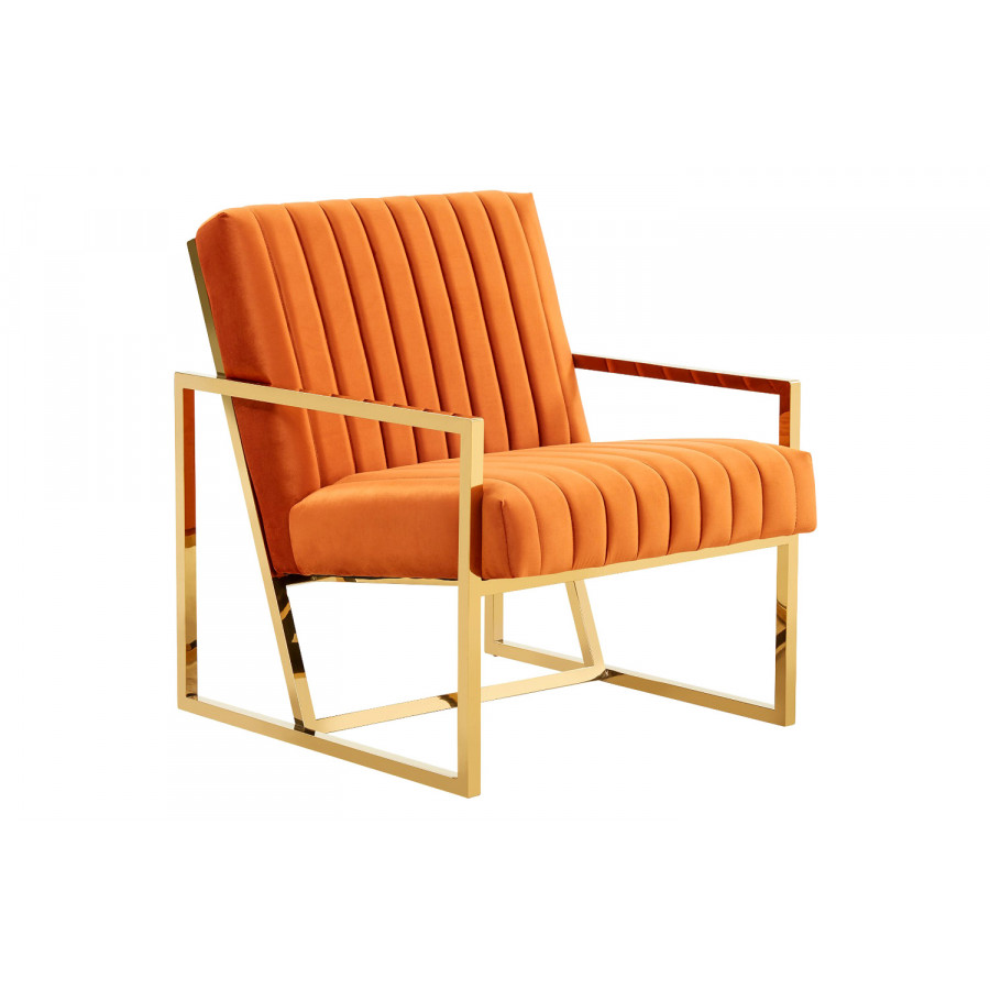 LeisureMod Montgomery Velvet Pinstripe Design Accent Armchair with Gold Frame - Orange/Marmalade