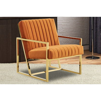 LeisureMod Montgomery Velvet Pinstripe Design Accent Armchair with Gold Frame - Orange/Marmalade