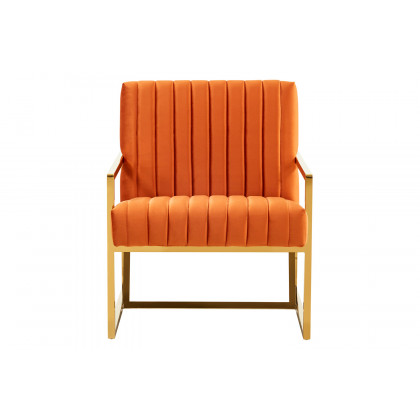 LeisureMod Montgomery Velvet Pinstripe Design Accent Armchair with Gold Frame - Orange/Marmalade