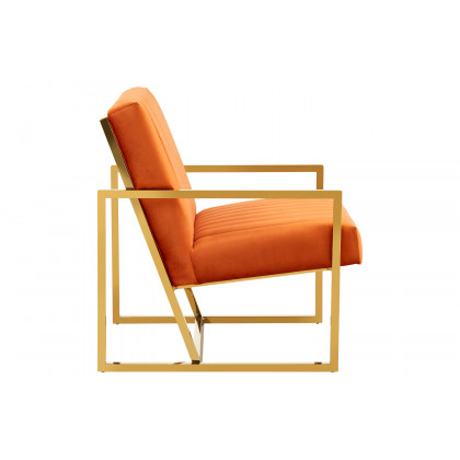 LeisureMod Montgomery Velvet Pinstripe Design Accent Armchair with Gold Frame - Orange/Marmalade