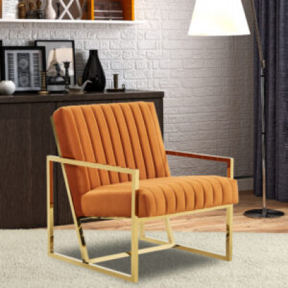 LeisureMod Montgomery Velvet Pinstripe Design Accent Armchair with Gold Frame - Orange/Marmalade