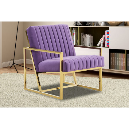 LeisureMod Montgomery Velvet Pinstripe Design Accent Armchair with Gold Frame - Purple
