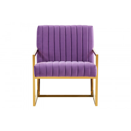 LeisureMod Montgomery Velvet Pinstripe Design Accent Armchair with Gold Frame - Purple