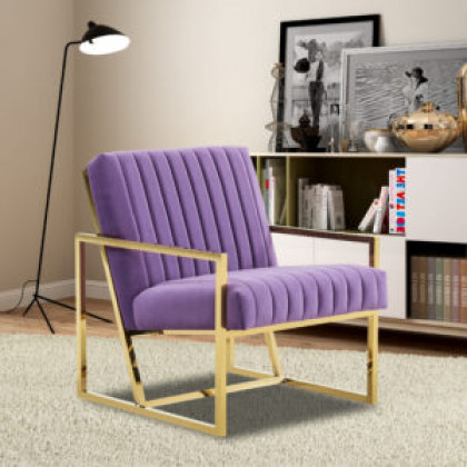 LeisureMod Montgomery Velvet Pinstripe Design Accent Armchair with Gold Frame - Purple