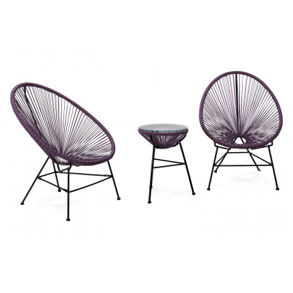 LeisureMod Montara 3 Piece Outdoor Lounge Patio Chairs with Glass Top Table - Purple