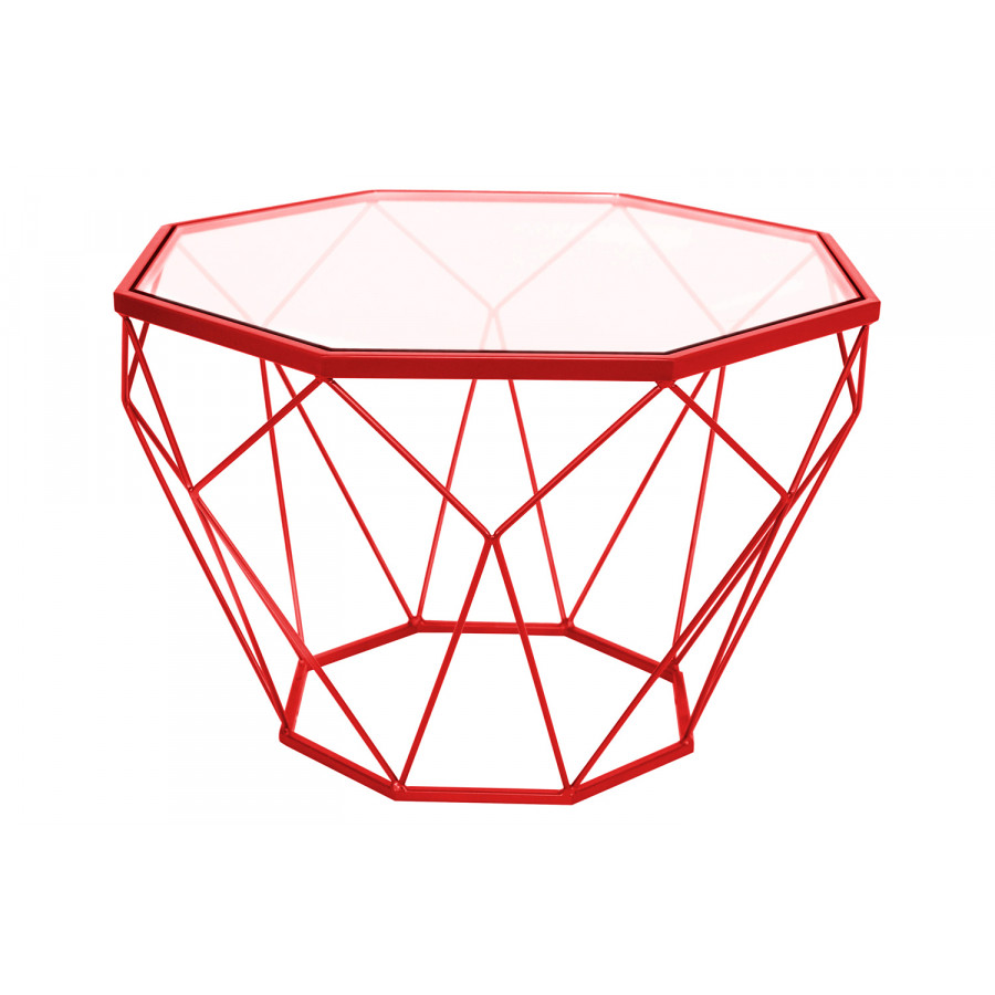 LeisureMod Malibu Modern Octagon Glass Top Coffee Table/End Table with Gold Metal Base - Red