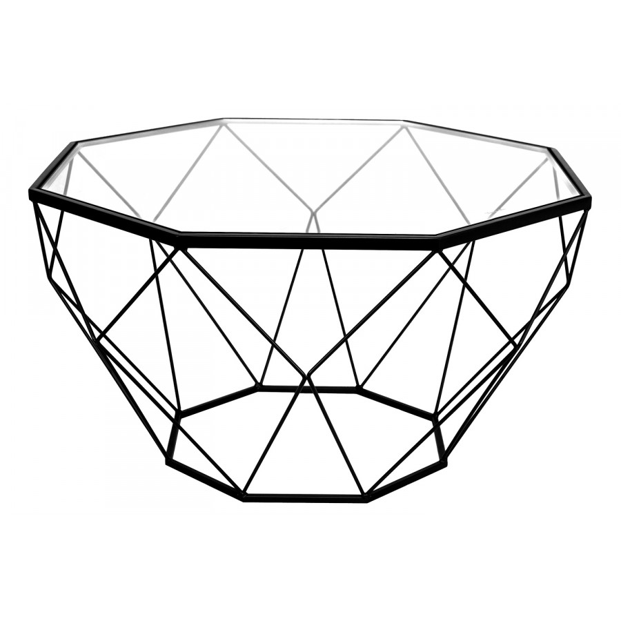 LeisureMod Malibu Modern Octagon Glass Top Coffee Table with Gold Metal Base - Black