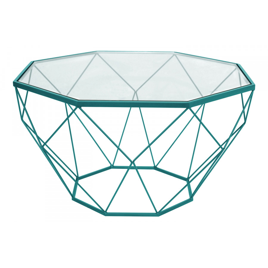 LeisureMod Malibu Modern Octagon Glass Top Coffee Table with Gold Metal Base - Blue