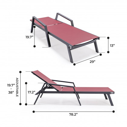 LeisureMod Marlin Patio Chaise Lounge Chair With Armrests In Black Aluminum Frame - Burgundy