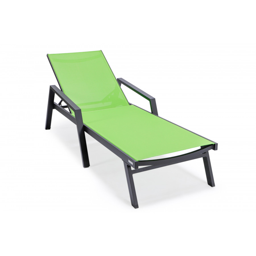 LeisureMod Marlin Patio Chaise Lounge Chair With Armrests In Black Aluminum Frame - Green
