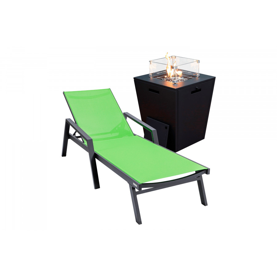 LeisureMod Marlin Modern Black Aluminum Outdoor Chaise Lounge Chair With Arms and Square Fire Pit Side Table for Patio - Green