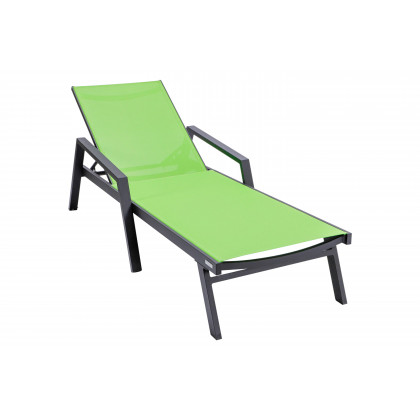 LeisureMod Marlin Modern Black Aluminum Outdoor Chaise Lounge Chair With Arms and Square Fire Pit Side Table for Patio - Green