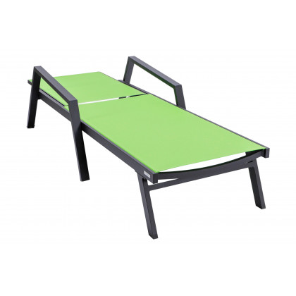 LeisureMod Marlin Modern Black Aluminum Outdoor Chaise Lounge Chair With Arms and Square Fire Pit Side Table for Patio - Green