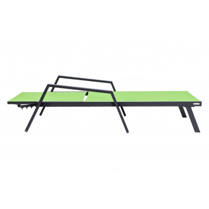LeisureMod Marlin Modern Black Aluminum Outdoor Chaise Lounge Chair With Arms and Square Fire Pit Side Table for Patio - Green