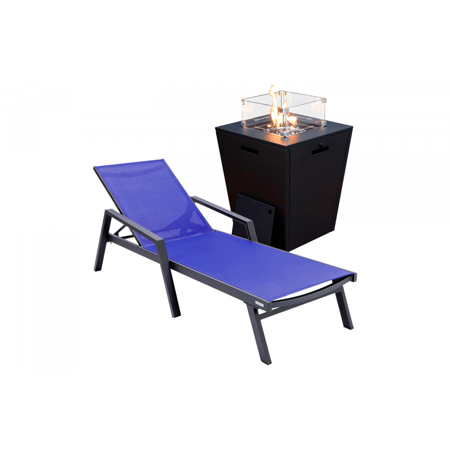 LeisureMod Marlin Modern Black Aluminum Outdoor Chaise Lounge Chair With Arms and Square Fire Pit Side Table for Patio - Navy Blue