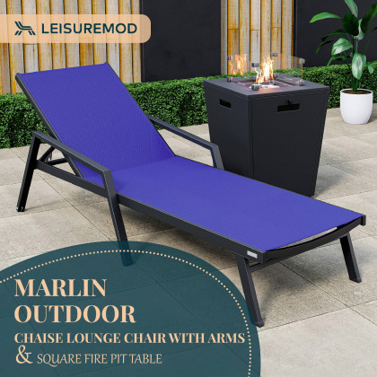 LeisureMod Marlin Modern Black Aluminum Outdoor Chaise Lounge Chair With Arms and Square Fire Pit Side Table for Patio - Navy Blue