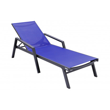 LeisureMod Marlin Modern Black Aluminum Outdoor Chaise Lounge Chair With Arms and Square Fire Pit Side Table for Patio - Navy Blue