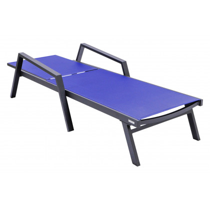 LeisureMod Marlin Modern Black Aluminum Outdoor Chaise Lounge Chair With Arms and Square Fire Pit Side Table for Patio - Navy Blue