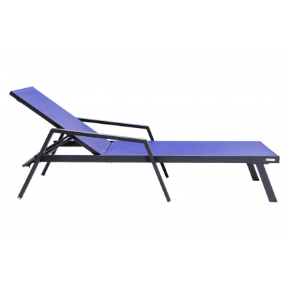 LeisureMod Marlin Modern Black Aluminum Outdoor Chaise Lounge Chair With Arms and Square Fire Pit Side Table for Patio - Navy Blue