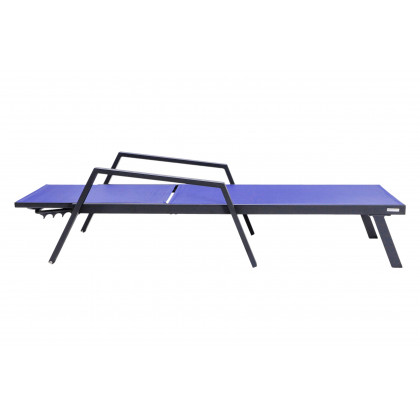 LeisureMod Marlin Modern Black Aluminum Outdoor Chaise Lounge Chair With Arms and Square Fire Pit Side Table for Patio - Navy Blue