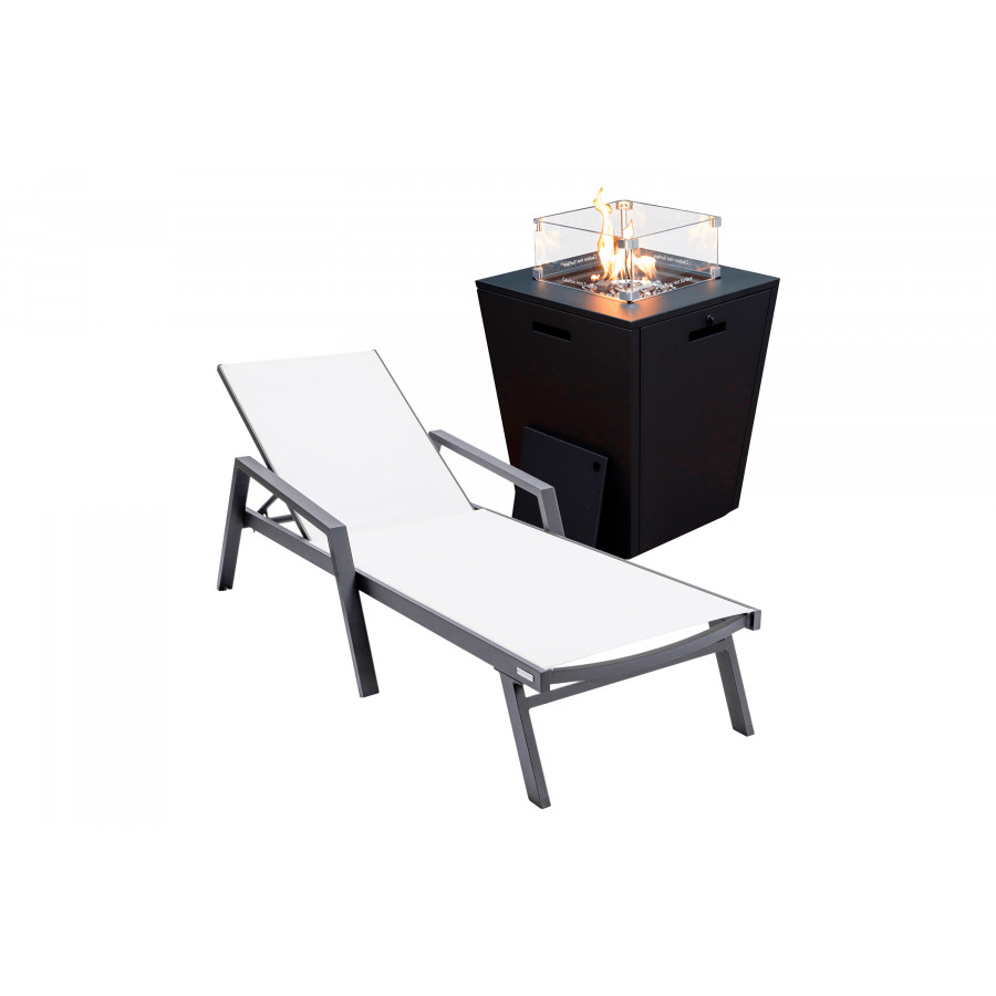 LeisureMod Marlin Modern Black Aluminum Outdoor Chaise Lounge Chair With Arms and Square Fire Pit Side Table for Patio - White