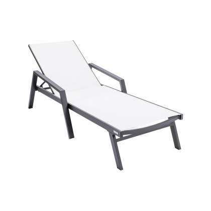 LeisureMod Marlin Modern Black Aluminum Outdoor Chaise Lounge Chair With Arms and Square Fire Pit Side Table for Patio - White